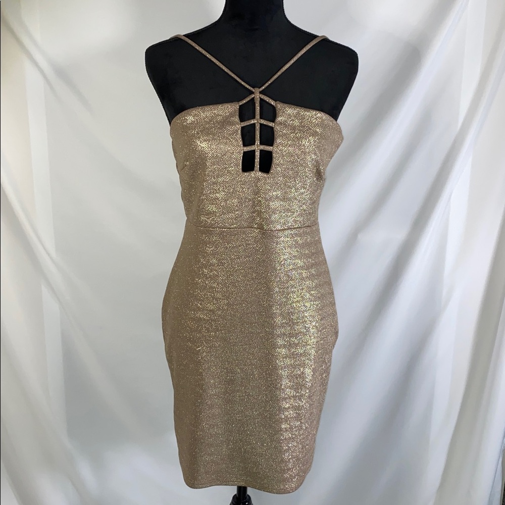 Charlotte Russe Gold Metallic Shimmer Cage Neck Bodycon Mini Dress Size Large